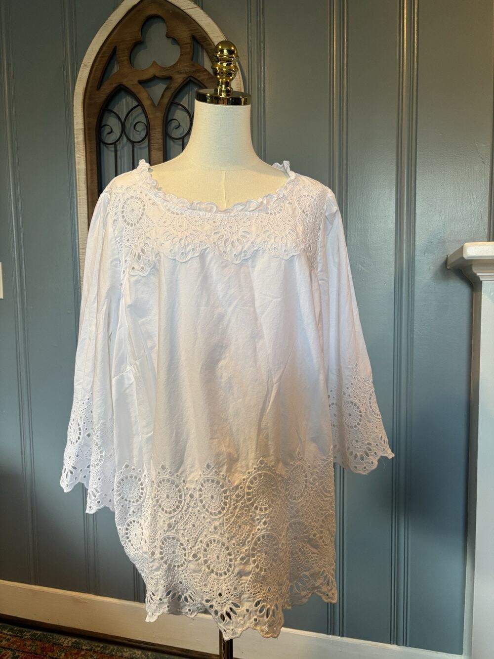 Talbots Plus 2X Women’s Hobo Peasant EUC White Eyelet Lacey Cotton LS Blouse